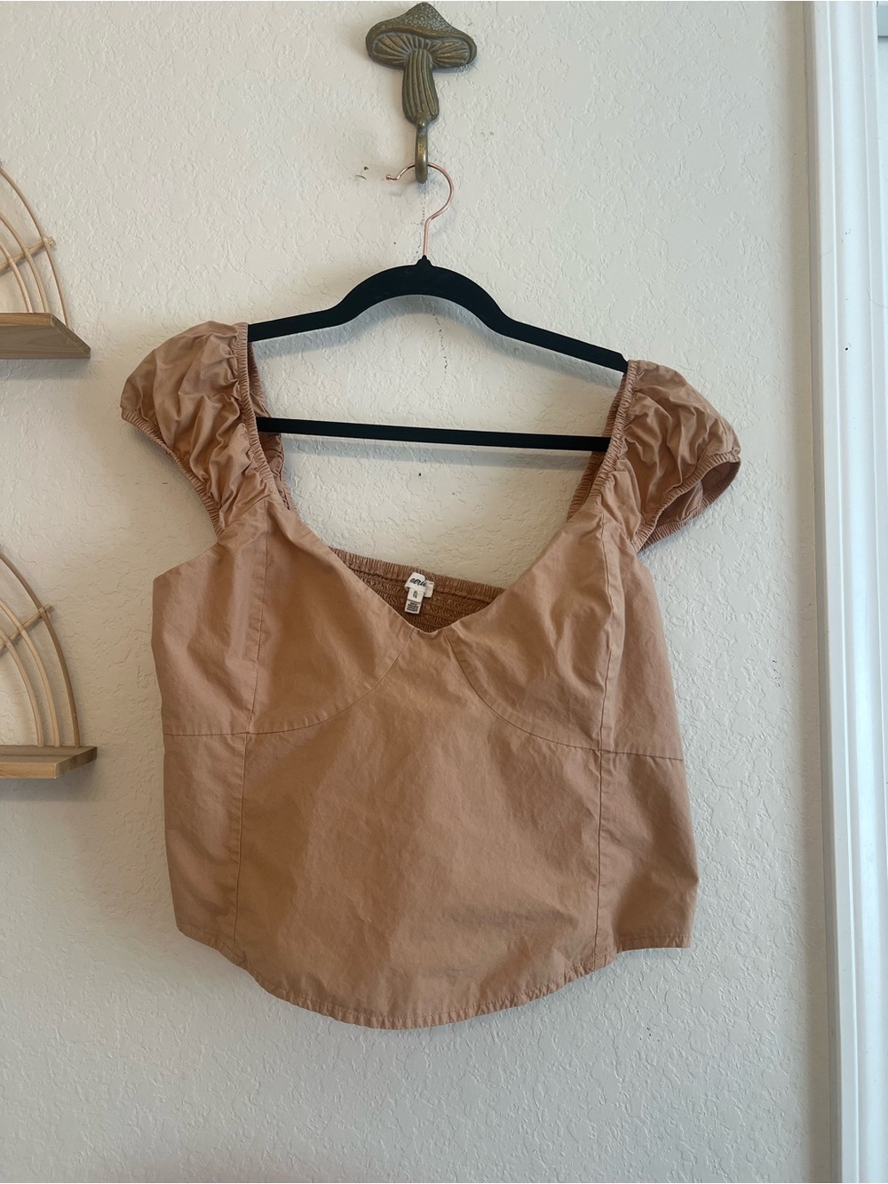 Aerie Puff Sleeve Smocked Crop Top XL Tan Cotton Cottagecore Boho